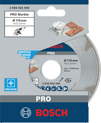 PRO Marble Diamond Disc, 115 x 22.23 mm Bosch PRO Marble diamond disc 115×22.23 mm.