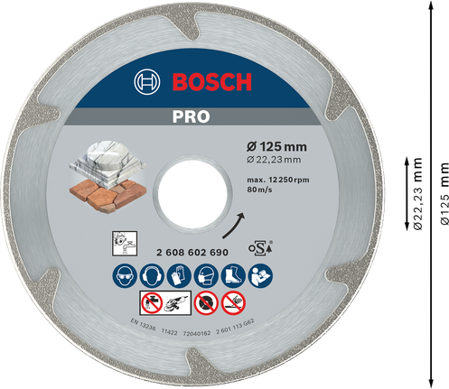 PRO Marble Diamond Disc, 125 x 22.23 mm Bosch PRO Marble Diamond Disc 125 mm for precise stone cutting.
