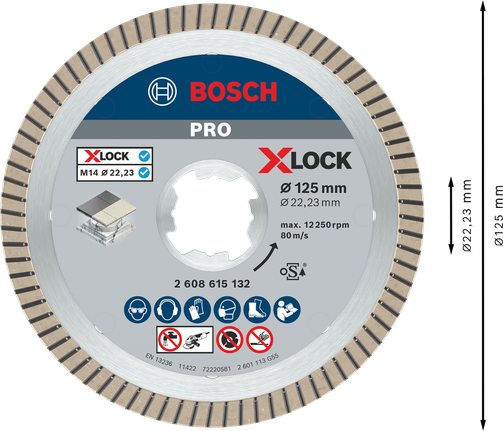 PRO Ceramic X-Lock Diamond Disc, 125 x 22.23 mm, 22.23 mm Bosch PRO Ceramic X-Lock Diamond Disc 125 mm for tile cutting.