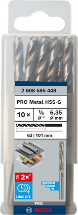 PRO Metal HSS-G Twist Drill Bit, 1/4 x 63 x 101 mm Bosch PRO Metal HSS-G 1/4″ twist drill bit set.
