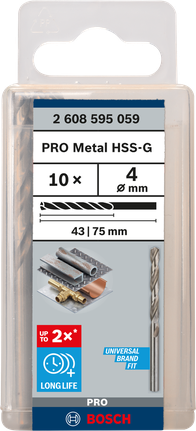 PRO Metal HSS-G Twist Drill Bit Standard Length, 4 x 43 x 75 mm, 10 pcs Bosch PRO Metal HSS-G 4 mm drill bits 10-pack.
