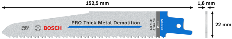 PRO Thick Metal Demolition S930CF Blade, 1.6 x 22 x 150 mm, 5 pcs Bosch PRO Thick Metal Demolition S930CF blade, 150 mm.