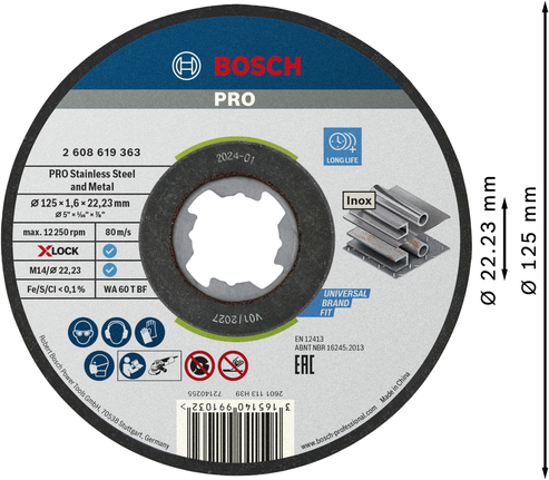PRO Stainless Steel and Metal Bonded Cutting Disc, 125 x 1.6 x 22.23 mm, X-Lock, Straight Bosch PRO X-Lock stainless steel cutting disc 125 mm.