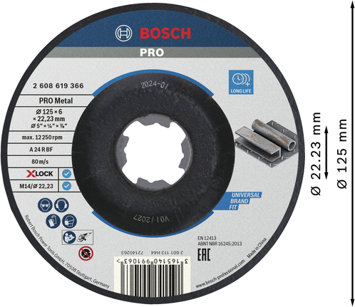 PRO Metal Bonded Grinding Disc, 125 x 6 x 22.23 mm, X-Lock Bosch PRO Metal bonded grinding disc X-Lock 125mm.