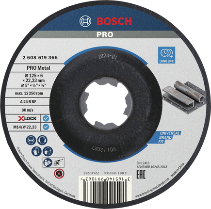 PRO Metal Bonded Grinding Disc, 125 x 6 x 22.23 mm, X-Lock Bosch PRO Metal Bonded Grinding Disc X-Lock 125mm.