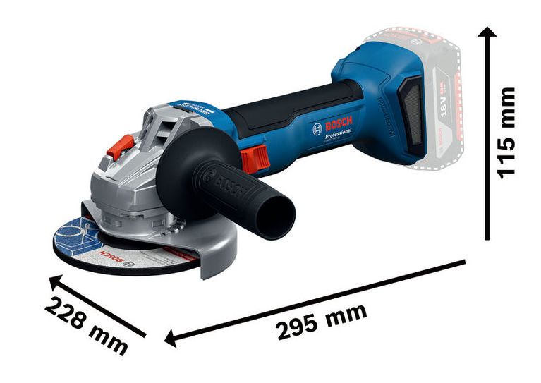 Bosch GWS 18V-8 cordless angle grinder with dimensions.