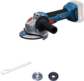 Bosch GWS 18V-8 cordless angle grinder with accessories.