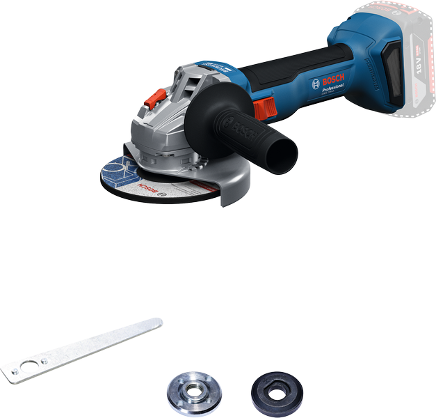 Bosch GWS 18V-8 cordless angle grinder with accessories.
