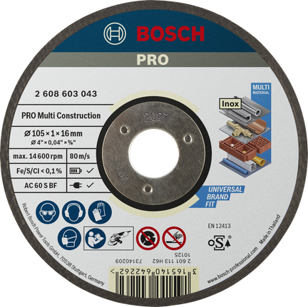 PRO Multi Material Cutting Disc, 105 x 1 x 16 mm Bosch PRO Multi Material Cutting Disc 105 x 1 x 16 mm.