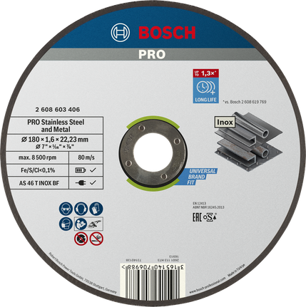 PRO Stainless Steel and Metal Bonded Cutting Disc, 180 x 1.6 x 22.23 mm, Straight, oSa Bosch PRO stainless steel and metal cutting disc 180mm.