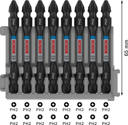Bosch PH2 screwdriver bits set 65 mm in plastic holder.