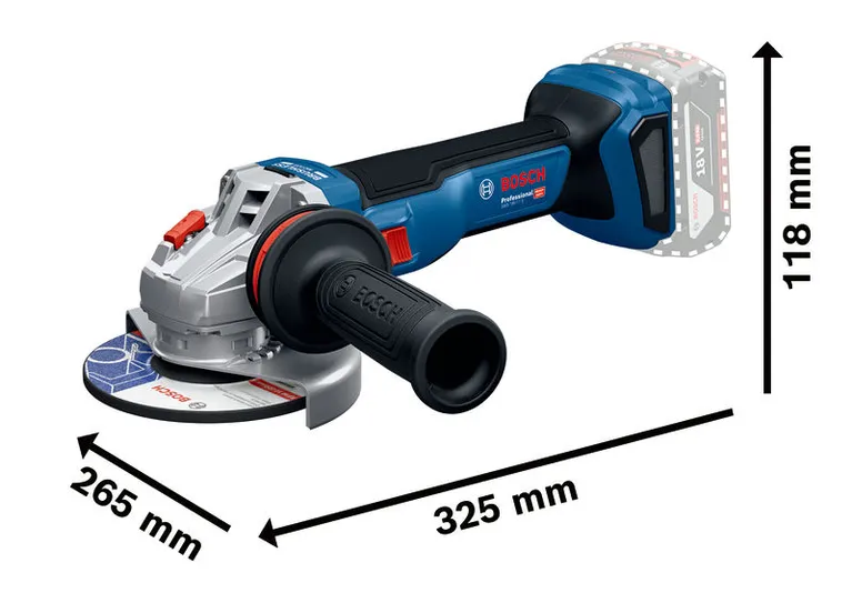 GWS 18V-11 Bosch GWS 18V-11 angle grinder with ergonomic handle.
