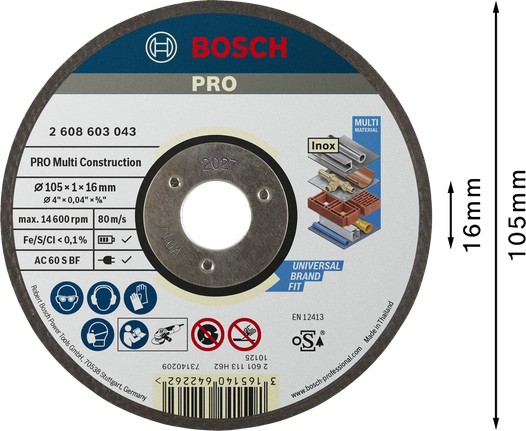 PRO Multi Material Cutting Disc, 105 x 1 x 16 mm Bosch PRO Multi Material Cutting Disc 105 x 1 x 16 mm.