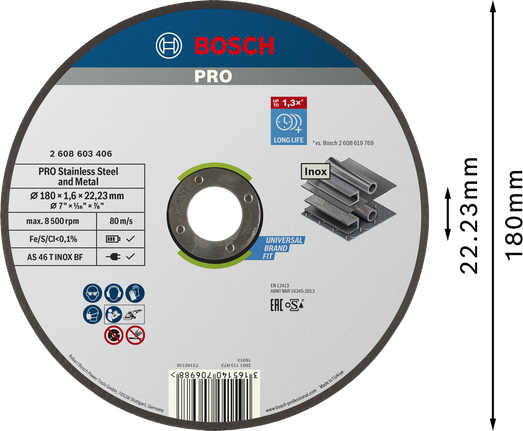 PRO Stainless Steel and Metal Bonded Cutting Disc, 180 x 1.6 x 22.23 mm, Straight, oSa Bosch PRO stainless steel and metal cutting disc 180mm.