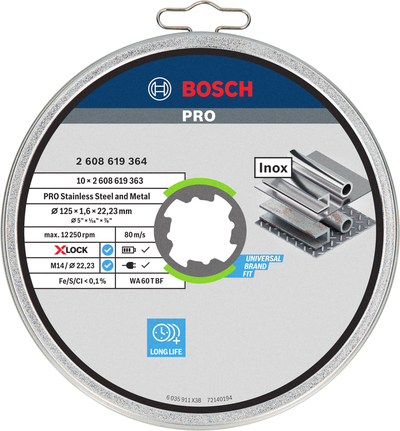 PRO Stainless Steel and Metal Bonded Cutting Disc, 125 x 1.6 x 22.23 mm, X-Lock, Straight, 10 pcs Bosch PRO stainless steel cutting disc 125×1.6×22.23 mm X-Lock.