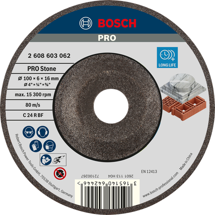 Bosch PRO Stone Grinding Disc 100 x 6 x 16 mm long life.