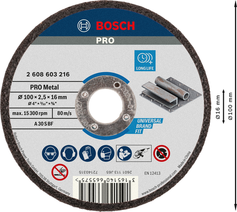 Bosch PRO Metal Cutting Disc, 100 x 2.5 x 16 mm.