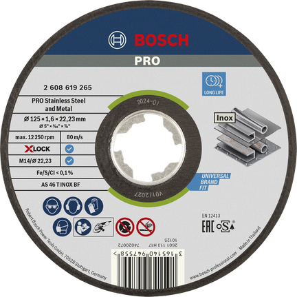 PRO Stainless Steel and Metal Bonded Cutting Disc, 125 x 1.6 x 22.23 mm, X-Lock, Straight, oSa Bosch PRO stainless steel cutting disc X-Lock 125 mm.