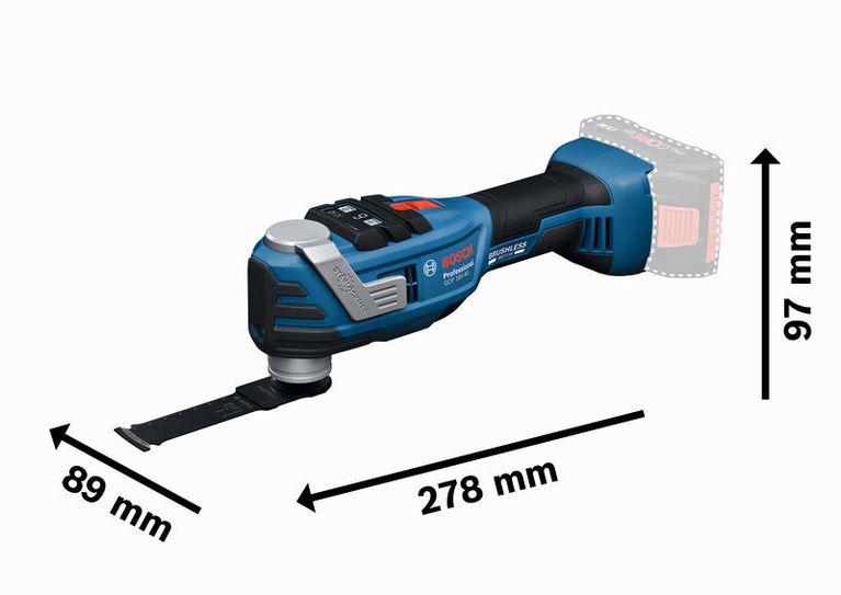 Bosch GOP 18V-40 cordless multi-cutter with dimensions.