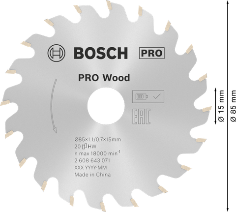 PRO Wood Circular Saw Blade, 85 x 1.1 x 15 mm Bosch PRO Wood circular saw blade 85 mm for fine cuts.