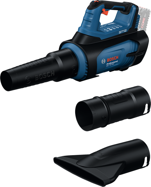 Bosch GBL 18V-800 cordless blower with nozzle attachments.