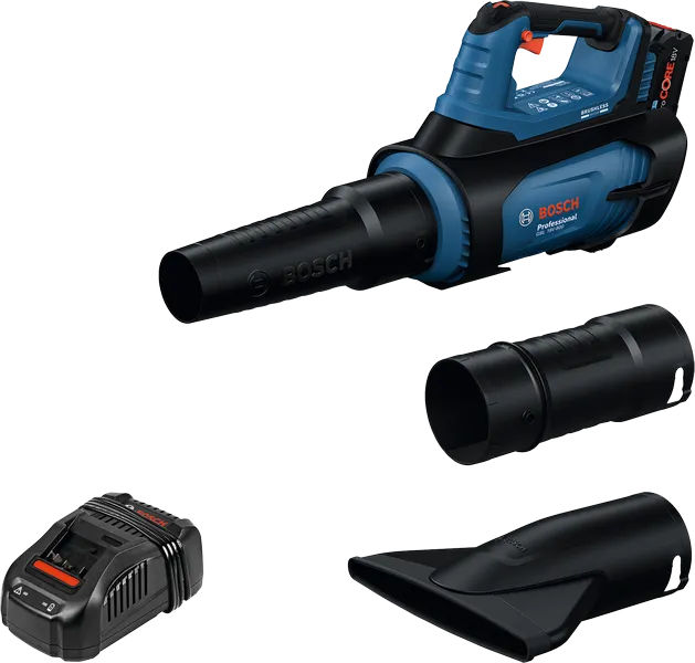 Bosch cordless blower GBL 18V-800 with accessories.