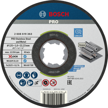 PRO Stainless Steel and Metal Bonded Cutting Disc, 125 x 1.6 x 22.23 mm, X-Lock, Straight, 10 pcs Bosch PRO stainless steel and metal cutting disc X-Lock 125 mm.