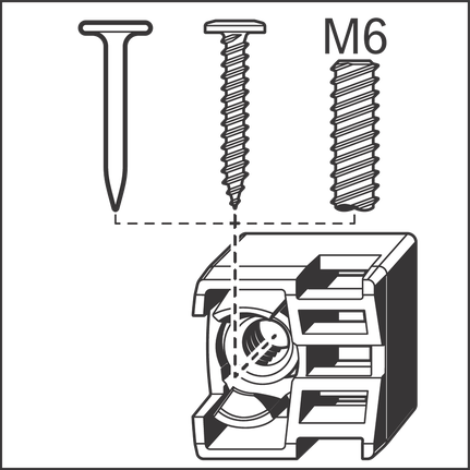 Nail, screw, and M6 bolt alignment options for mounting a square bracket.