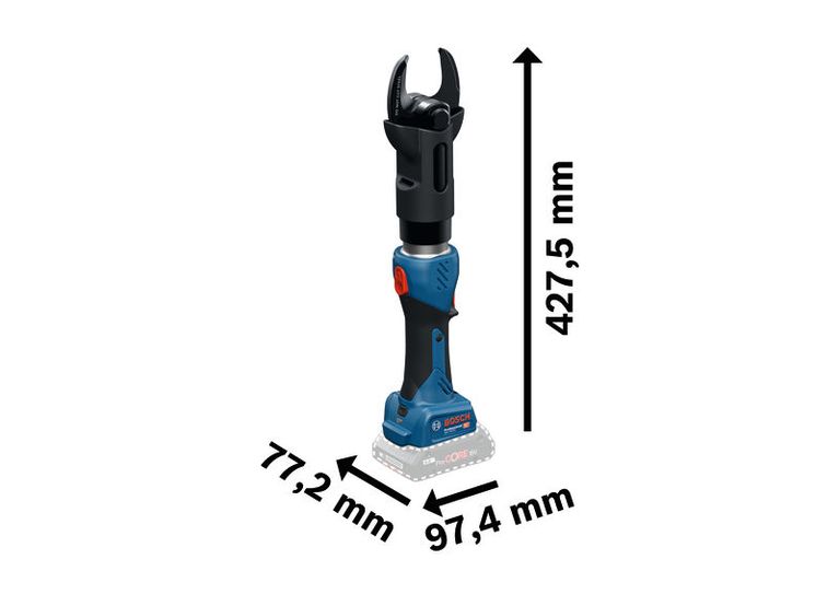 Bosch GKH 18V-50 cordless hydraulic cutting tool, dimensions shown.
