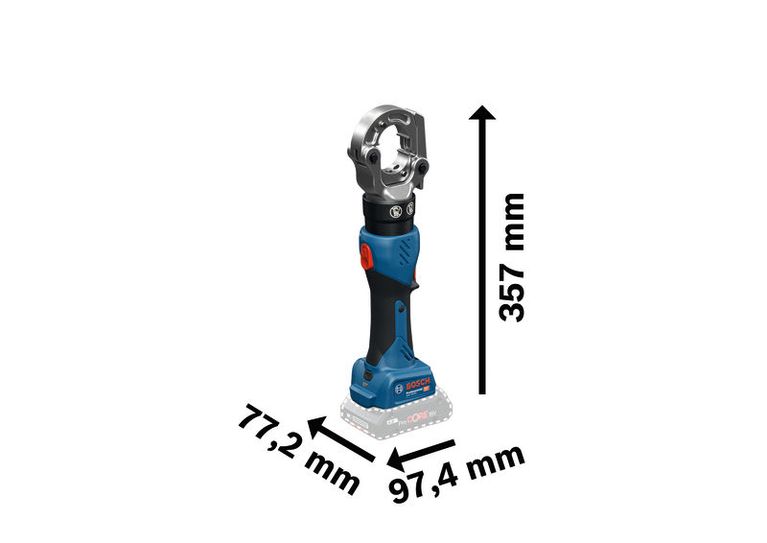 Bosch GPH 18V-60 cordless hydraulic crimping tool with dimensions.