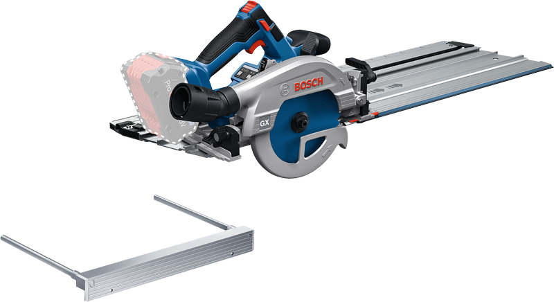 Bosch GKS 18V-57-2 GX cordless circular saw with guide rail.