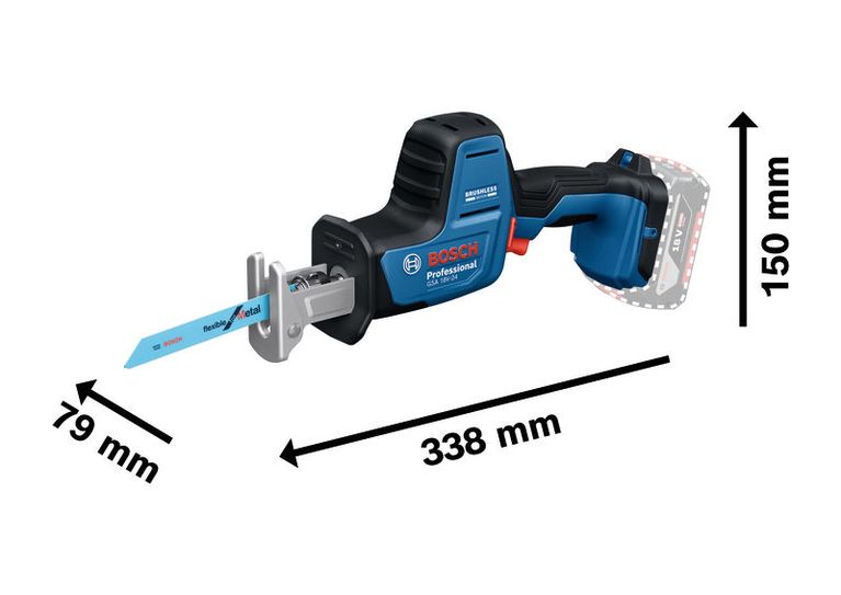 GSA 18V-24 Bosch GSA 18V-24 reciprocating saw with dimensions shown.