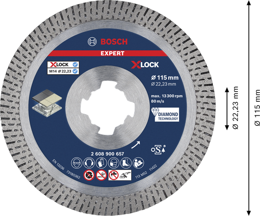 EXPERT HardCeramic X-LOCK Diamond Cutting Disc 115 x 22.23 x 1.4 x 10 mm Bosch EXPERT HardCeramic X-LOCK diamond cutting disc.