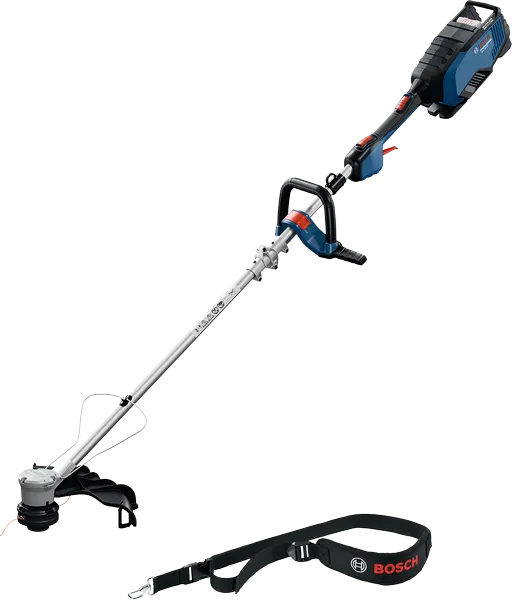 Bosch GRT 18V-40 cordless grass trimmer with shoulder strap.