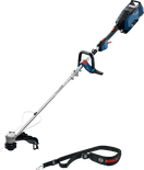 Bosch GRT 18V-40 cordless grass trimmer with shoulder strap.