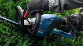 A person wearing safety equipment trims hedges with a cordless hedgecutter.