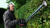 A person wearing safety equipment trims a hedge with a cordless hedge trimmer.