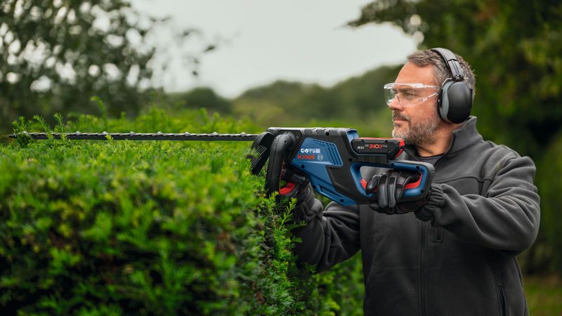 A person wearing safety equipment trims hedges with an electric hedge trimmer.