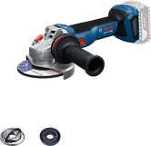 Bosch GWS 18V-11 cordless angle grinder with accessories.