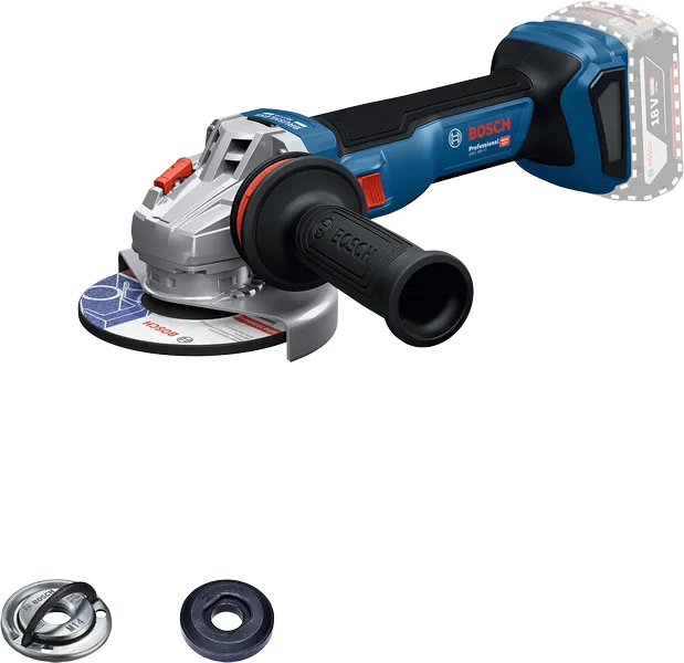 Bosch GWS 18V-11 cordless angle grinder with accessories.