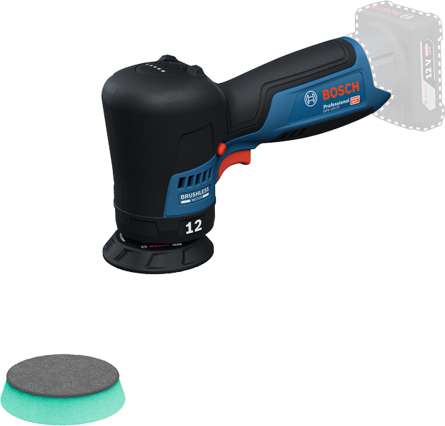 Bosch GPX 12V-77 cordless polisher with foam pad.