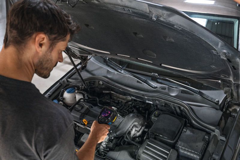 A person inspects a car engine using a thermo camera.