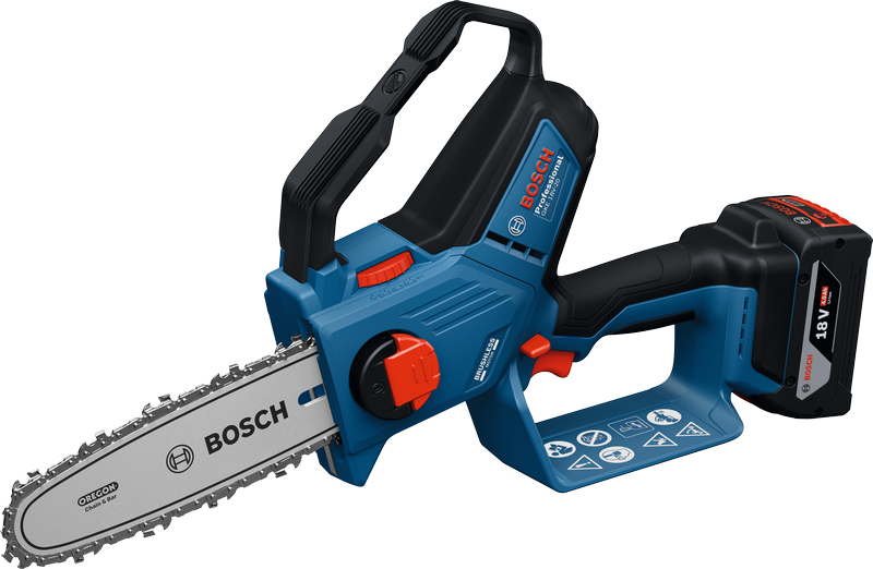 Bosch cordless GKE 18V-20 chainsaw with 18V battery.