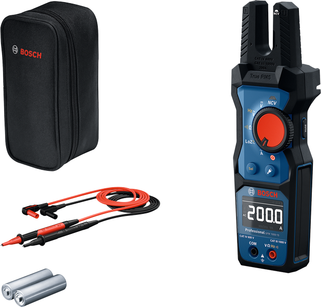 Bosch GFM 1000 digital multimeter with case and test leads.