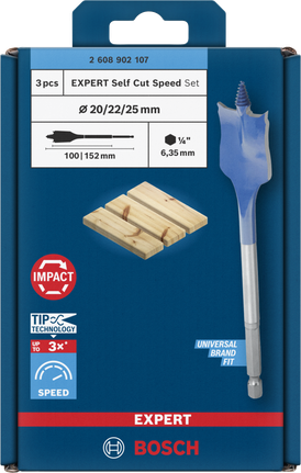 Bosch EXPERT Self Cut Speed spade drill bit set 20/22/25 mm.