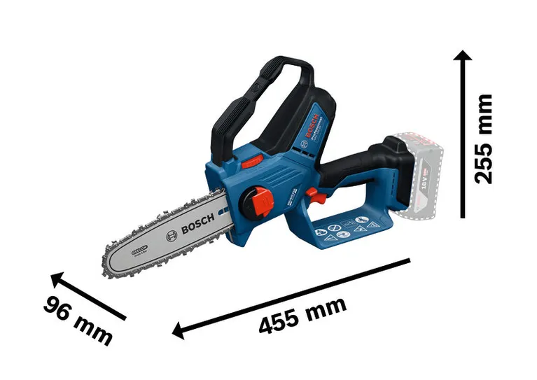 GKE 18V-20 Bosch GKE 18V-20 cordless pruner saw with size dimensions.