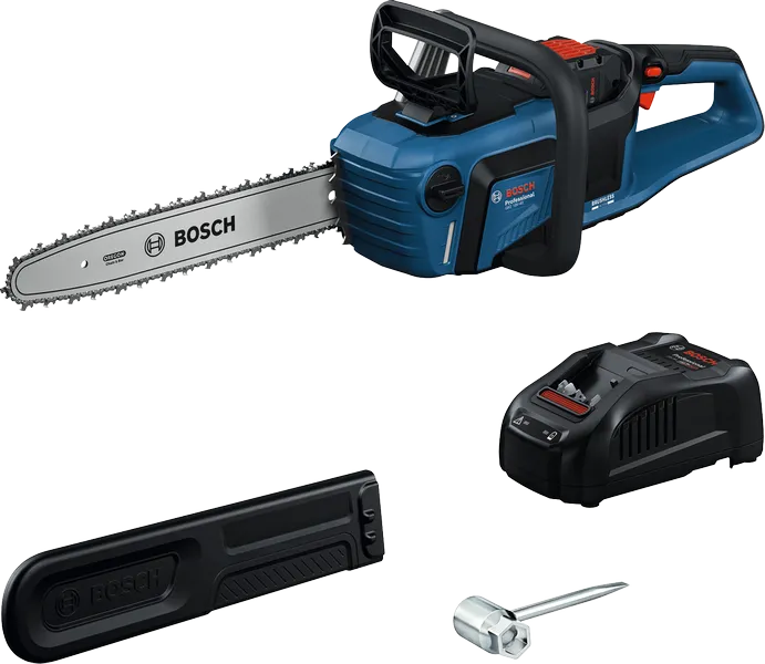 Bosch GKE 18V-40 cordless chainsaw with charger.