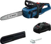Bosch GKE 18V-40 cordless chainsaw with charger.