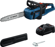 Bosch GKE 18V-40 cordless chainsaw with charger.