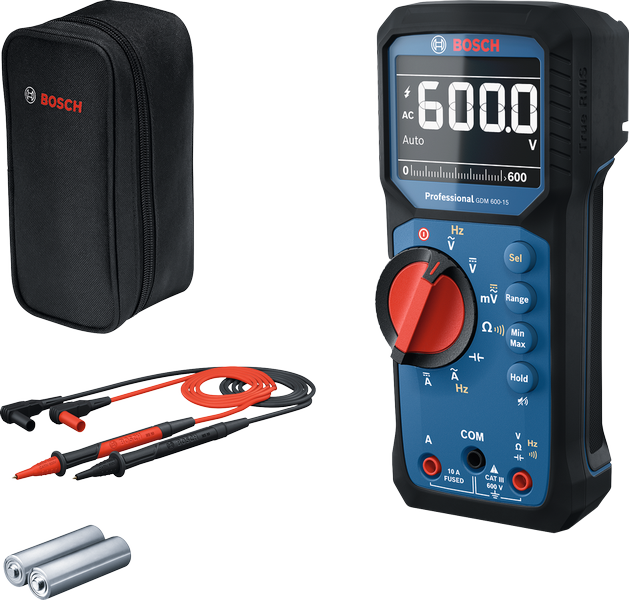 Bosch GDM 600-15 digital multimeter with probes and case.